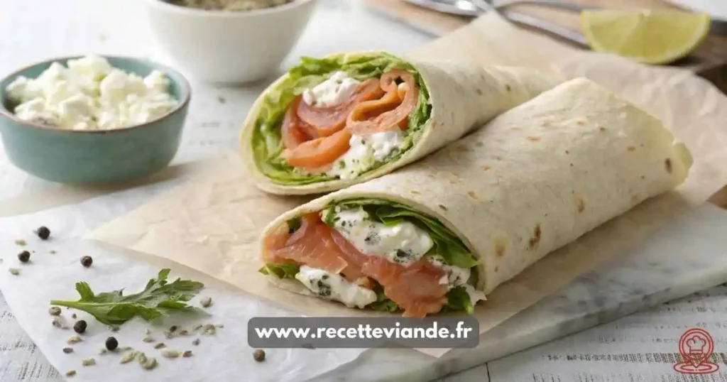 Wrap au saumon fumé coupé en diagonale révélant des couches de saumon rose, concombre croquant, laitue fraîche et sauce crémeuse à l'aneth.
