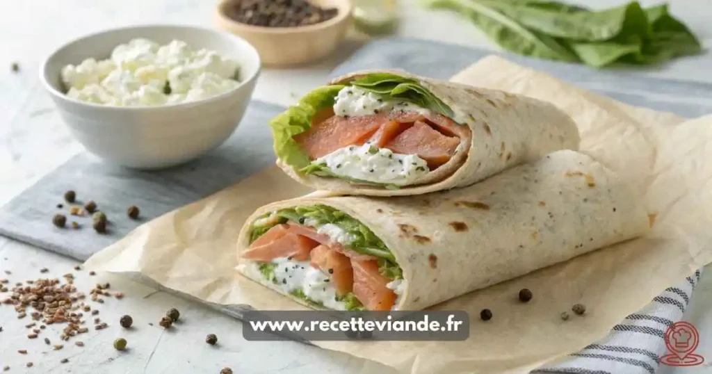 Wrap au saumon fumé coupé en diagonale révélant des couches de saumon rose, concombre croquant, laitue fraîche et sauce crémeuse à l'aneth.