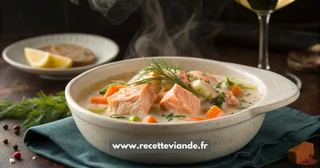 Blanquette de saumon aux poireaux servie dans un bol en céramique blanc : sauce crémeuse, morceaux de saumon rosé fondants, poireaux et carottes fondants, garnie d’aneth frais et zestes de citron.