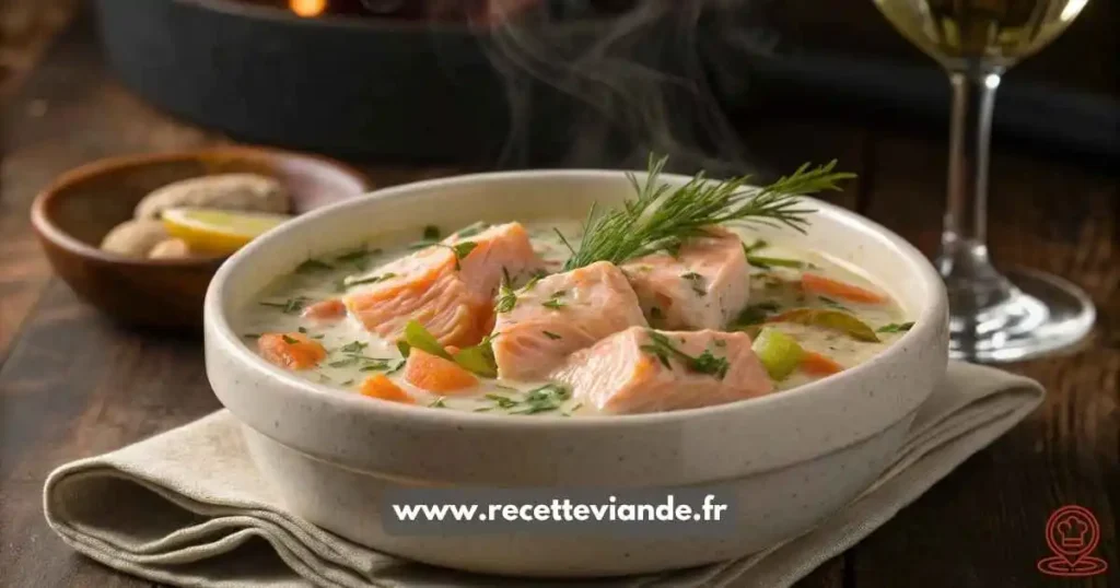 Blanquette de saumon aux poireaux servie dans un bol en céramique blanc : sauce crémeuse, morceaux de saumon rosé fondants, poireaux et carottes fondants, garnie d’aneth frais et zestes de citron.
