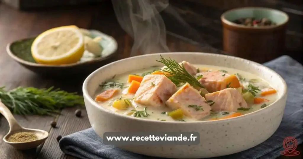 Blanquette de saumon aux poireaux servie dans un bol en céramique blanc : sauce crémeuse, morceaux de saumon rosé fondants, poireaux et carottes fondants, garnie d’aneth frais et zestes de citron.