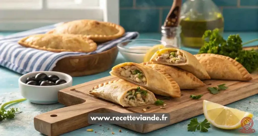 Empanadas thon dorés, coupés en deux révélant la farce au thon, olives et œufs, sur planche en bois avec citron, persil et huile d'olive, style rustique