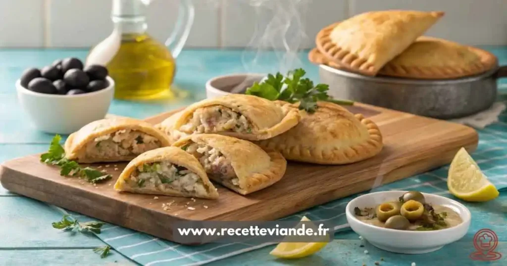 Empanadas thon dorés, coupés en deux révélant la farce au thon, olives et œufs, sur planche en bois avec citron, persil et huile d'olive, style rustique