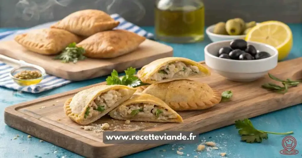 Empanadas thon dorés, coupés en deux révélant la farce au thon, olives et œufs, sur planche en bois avec citron, persil et huile d'olive, style rustique