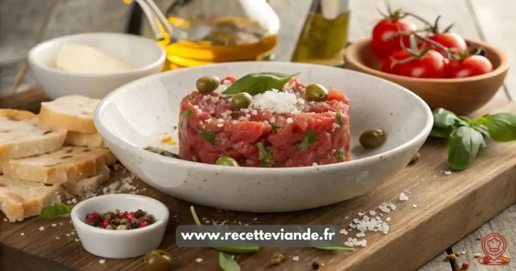 Tartare de boeuf à l'italienne en tour parfaite, copeaux de parmesan, basilic frais et tomates cerises dans une assiette blanc cassé, prêt à déguster.