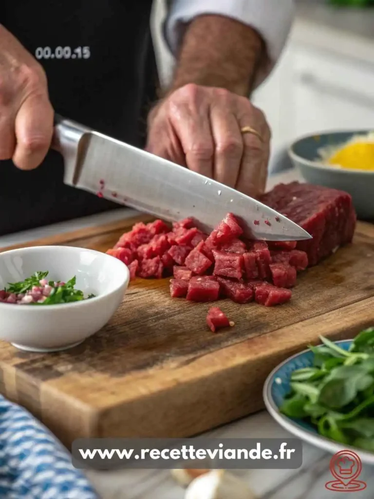 Tartare de boeuf à l'italienne en tour parfaite, copeaux de parmesan, basilic frais et tomates cerises dans une assiette blanc cassé, prêt à déguster.