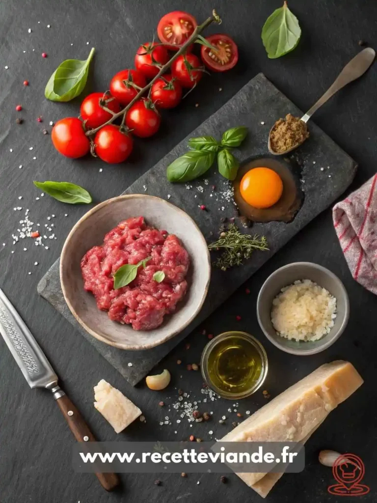 Tartare de boeuf à l'italienne en tour parfaite, copeaux de parmesan, basilic frais et tomates cerises dans une assiette blanc cassé, prêt à déguster.