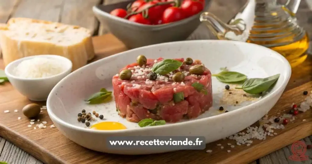 Tartare de boeuf à l'italienne en tour parfaite, copeaux de parmesan, basilic frais et tomates cerises dans une assiette blanc cassé, prêt à déguster.
