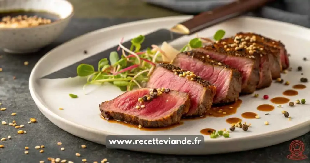 Tranches fines de tataki de boeuf saignantes à cœur, croûte dorée, parsemées de graines de sésame toastées sur assiette blanche, fond noir.