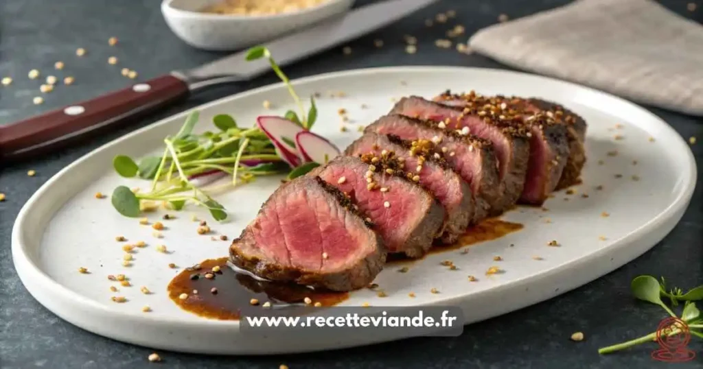 Tranches fines de tataki de boeuf saignantes à cœur, croûte dorée, parsemées de graines de sésame toastées sur assiette blanche, fond noir.
