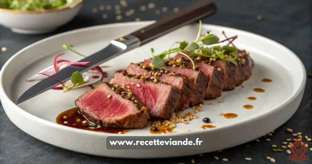 Tranches fines de tataki de boeuf saignantes à cœur, croûte dorée, parsemées de graines de sésame toastées sur assiette blanche, fond noir.