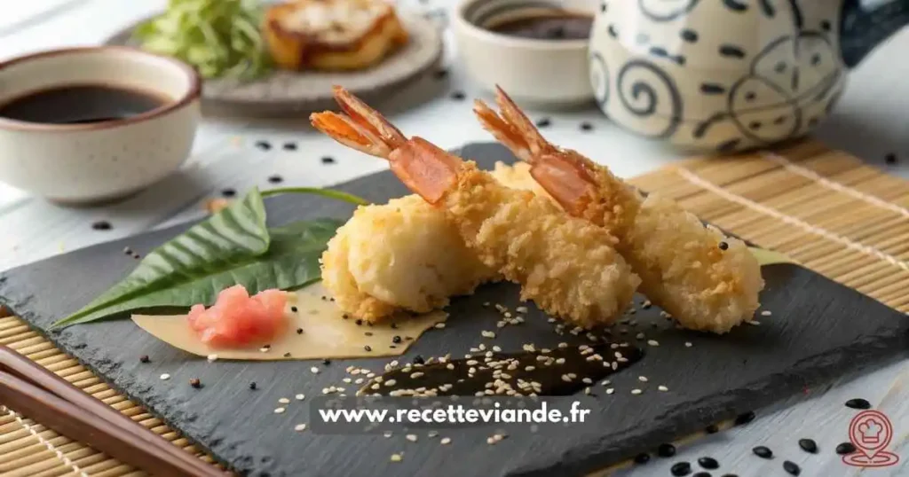 Tempura crevette croustillant maison servi sur assiette noire avec sauce citron-gingembre et graines de sésame, garni de shiso