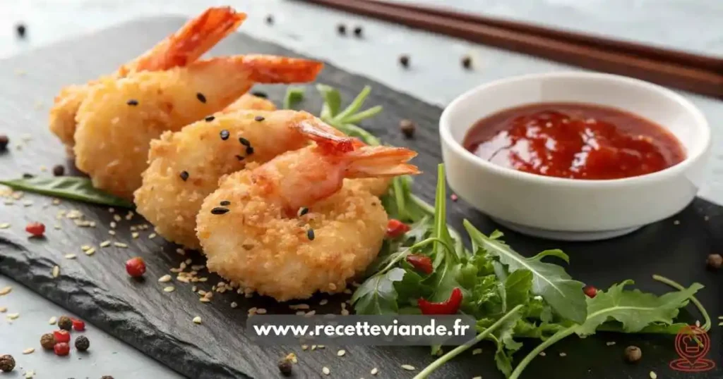 Tempura crevette croustillant maison servi sur assiette noire avec sauce citron-gingembre et graines de sésame, garni de shiso