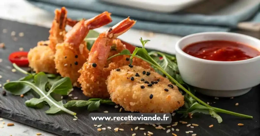 Tempura crevette croustillant maison servi sur assiette noire avec sauce citron-gingembre et graines de sésame, garni de shiso