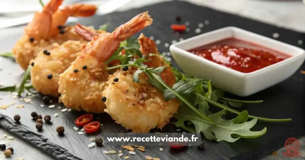 Tempura crevette croustillant maison servi sur assiette noire avec sauce citron-gingembre et graines de sésame, garni de shiso